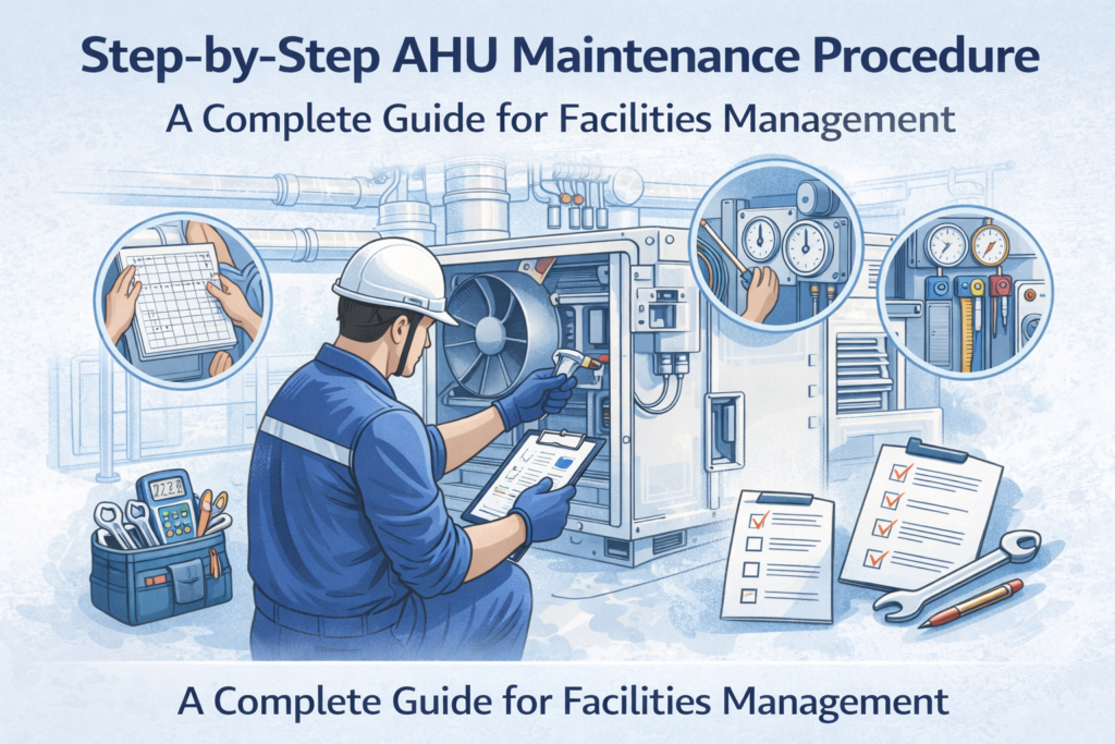 Technician performing AHU maintenance, cleaning filters, inspecting fan, and checking gauges for HVAC efficiency.