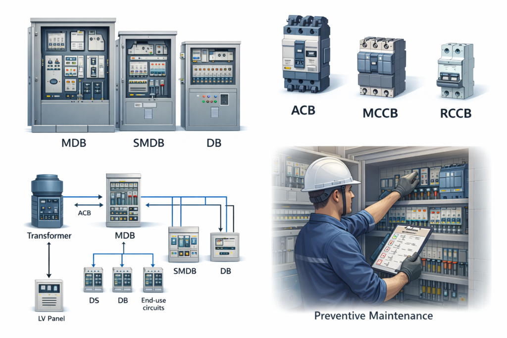 LV electrical distribution system showing MDB, SMDB, DB, and protective circuit breakers.